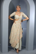 Women's Cream Floral Draped Saree Set