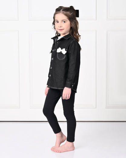 Black Full Sleeve with Bow Denim Jacket