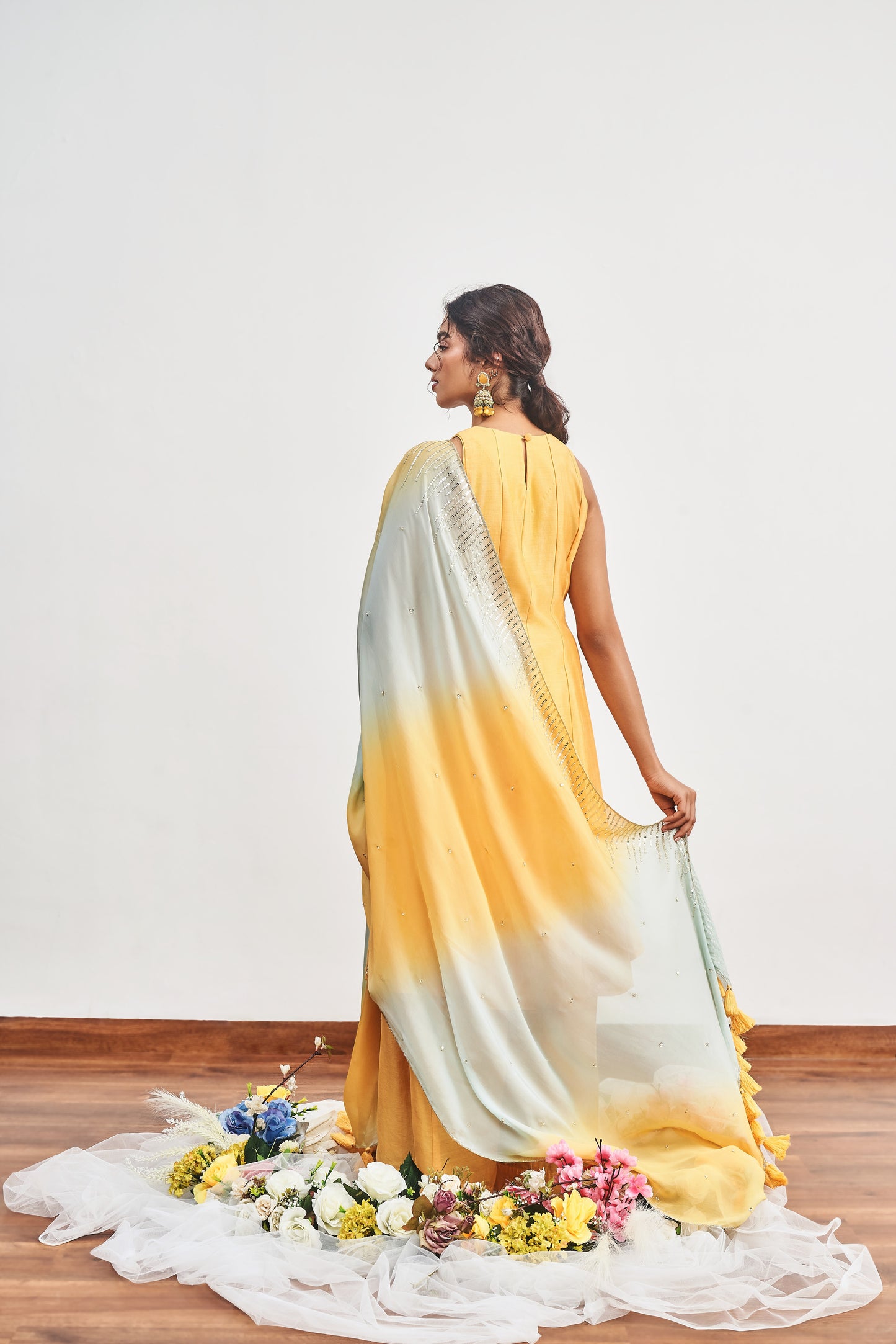 Mustard Yellow Kalidaar With Mustard Yellow X Turquoise Shaded Dupatta