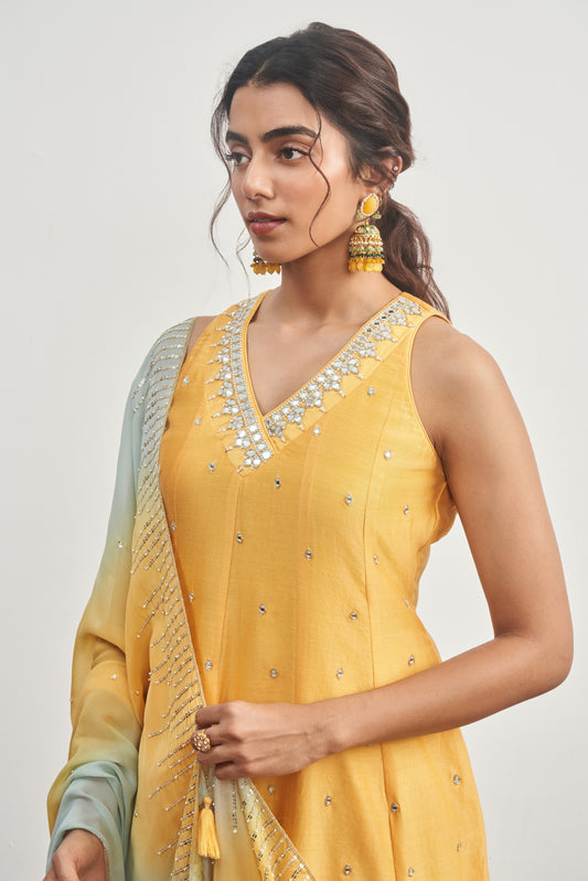 Mustard Yellow Kalidaar With Mustard Yellow X Turquoise Shaded Dupatta