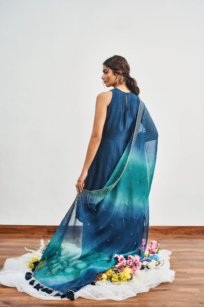 Teal Blue Kalidaar With Teal Blue X Bottle Green Shaded Dupatta