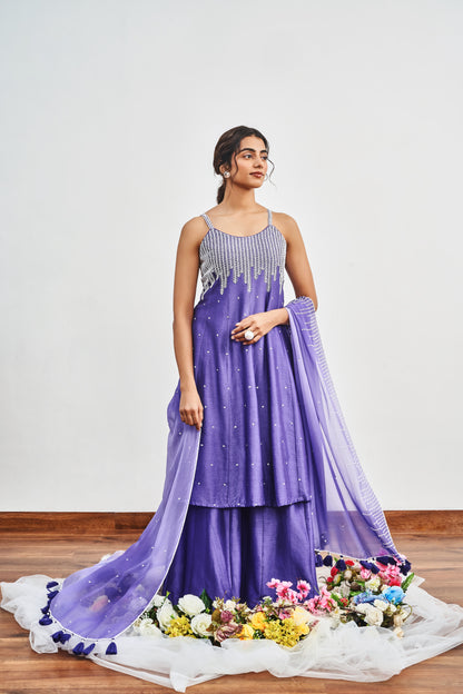 Ink Blue Kalidaar With Ink Blue X Light Purple Shaded Dupatta