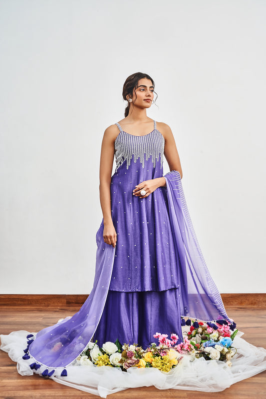 Ink Blue Kalidaar With Ink Blue X Light Purple Shaded Dupatta