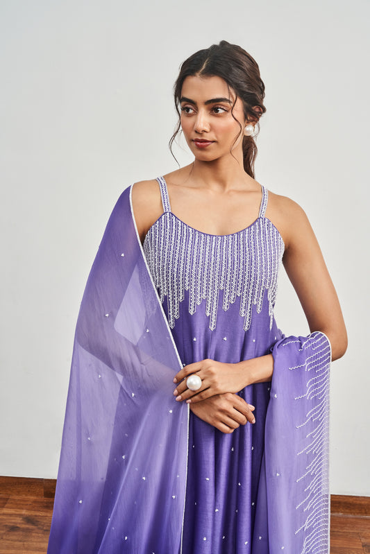 Ink Blue Kalidaar With Ink Blue X Light Purple Shaded Dupatta