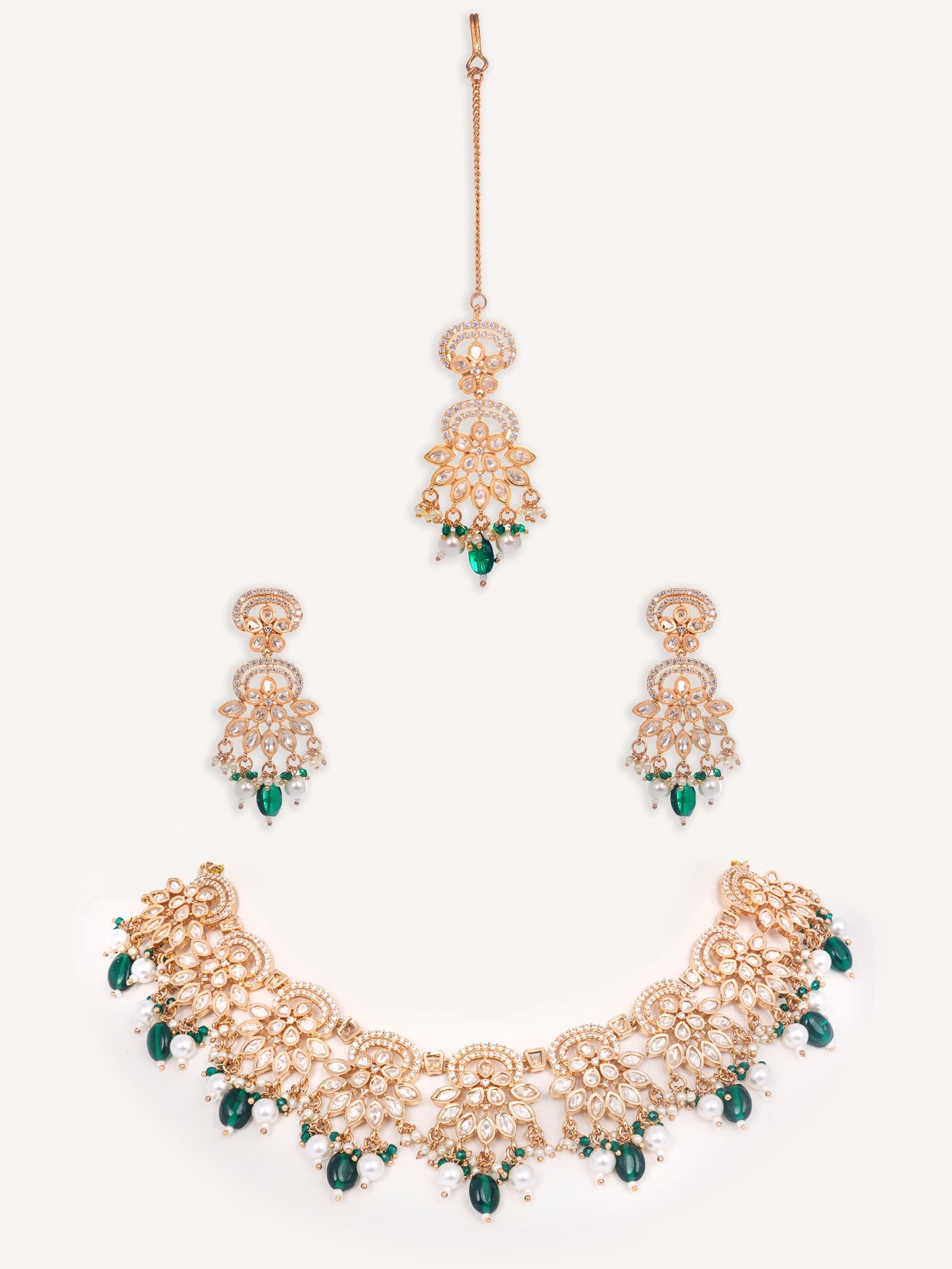 Divira Green Pearls Gold Finish Kundan Necklace Set