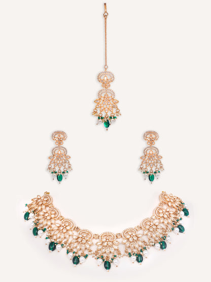 Divira Green Pearls Gold Finish Kundan Necklace Set