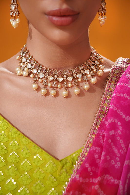 Reya Pink Two Tone Finish Polki Necklace Set