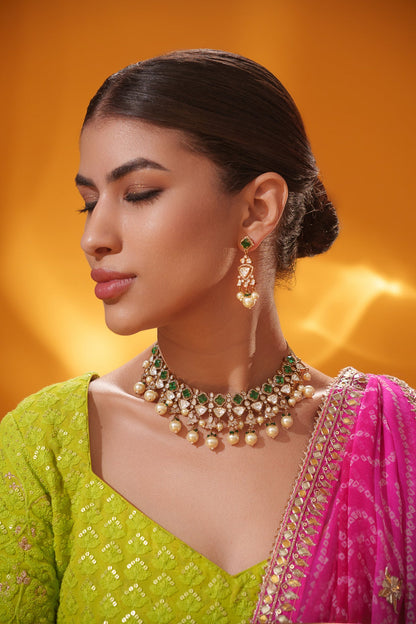 Reya Green Two Tone Finish Polki Necklace Set