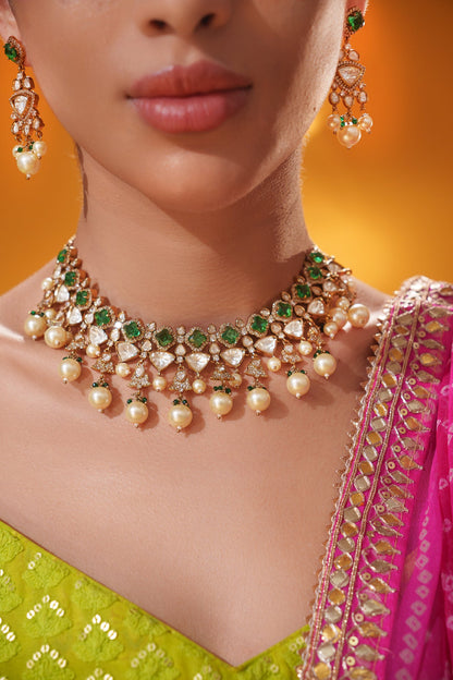 Reya Green Two Tone Finish Polki Necklace Set