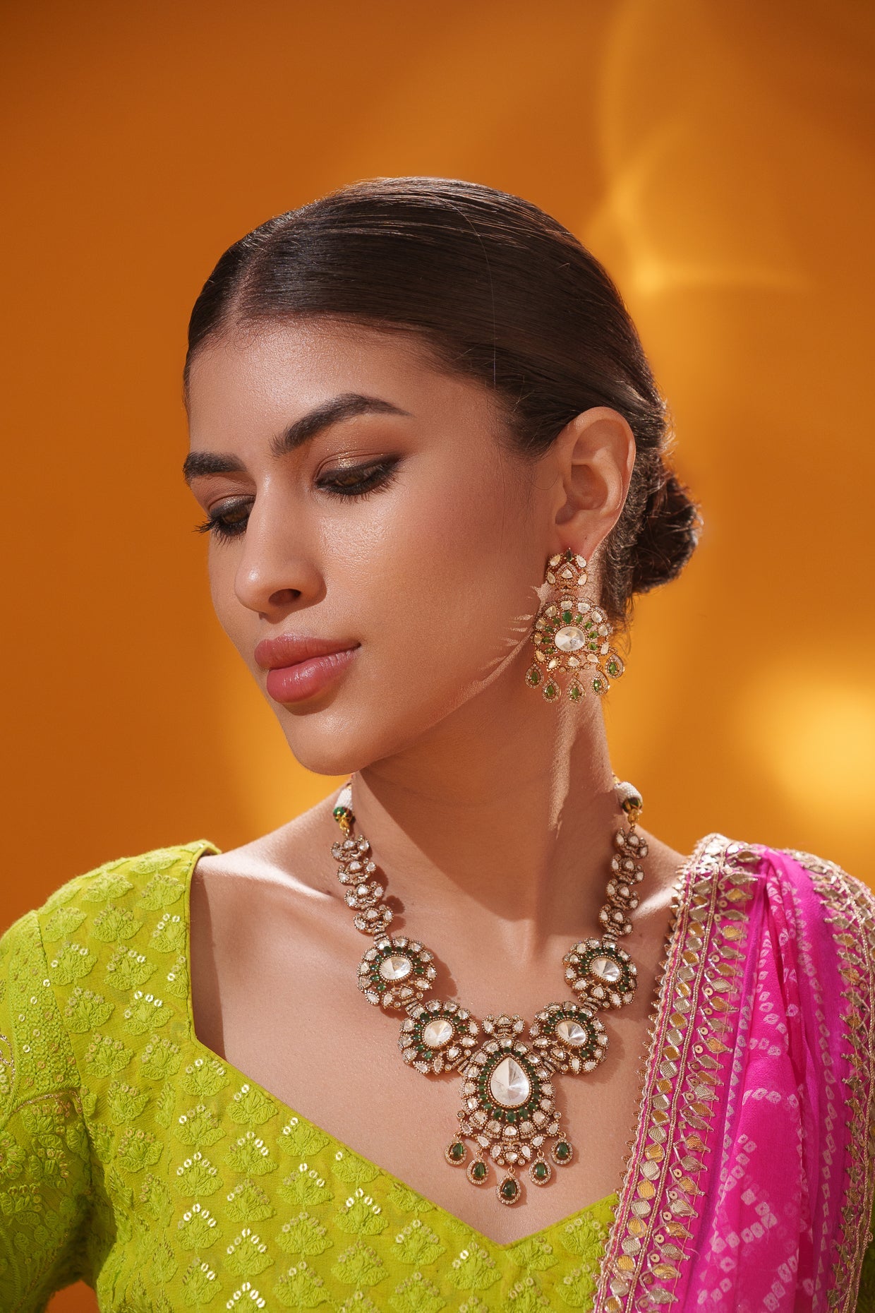 Suhaniya Green Two Tone Finish Polki Long Set