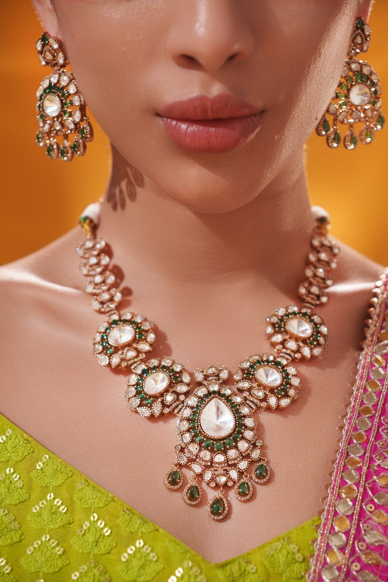 Suhaniya Green Two Tone Finish Polki Long Set