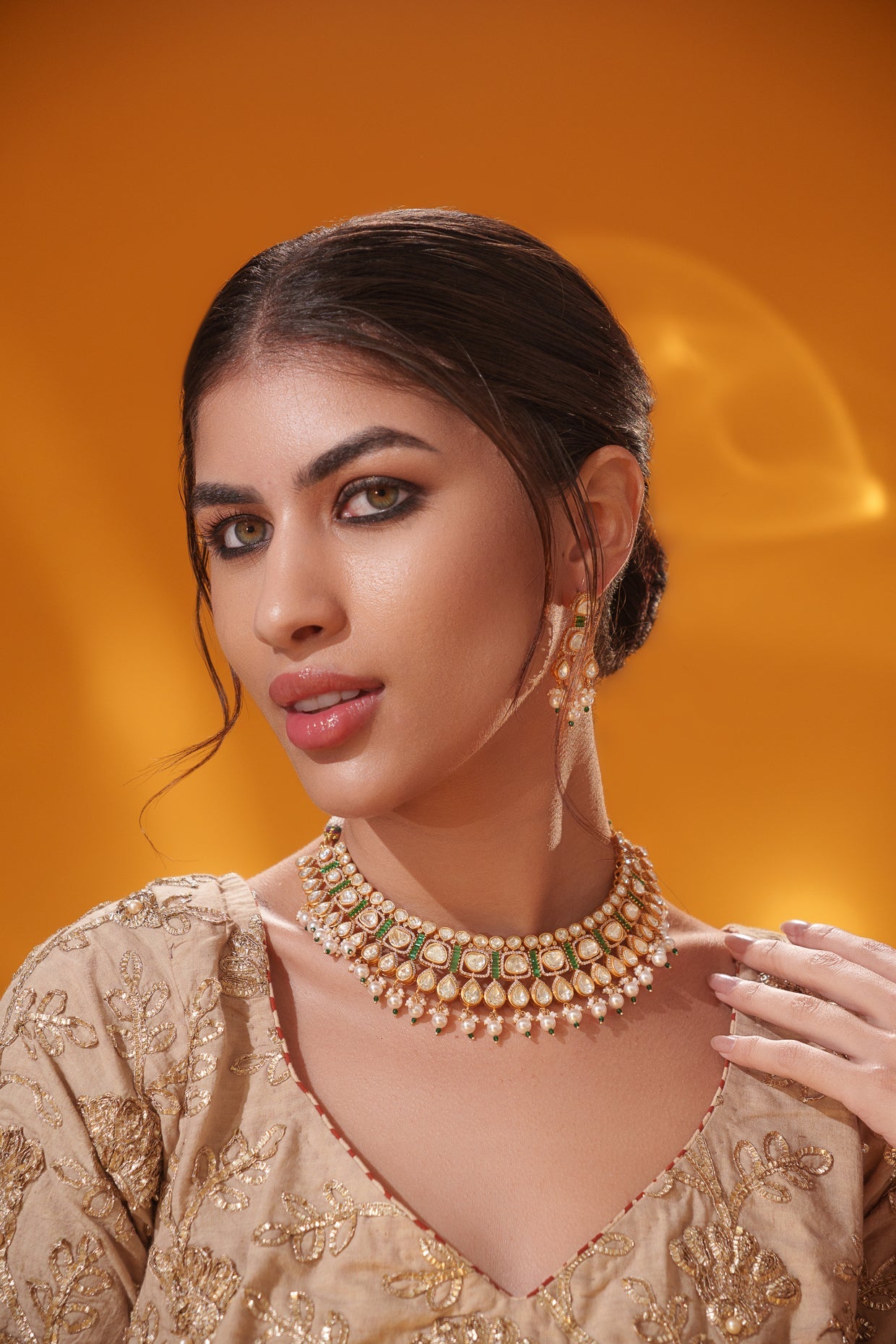 Aarshna Gold Finish Moissanite Necklace Set