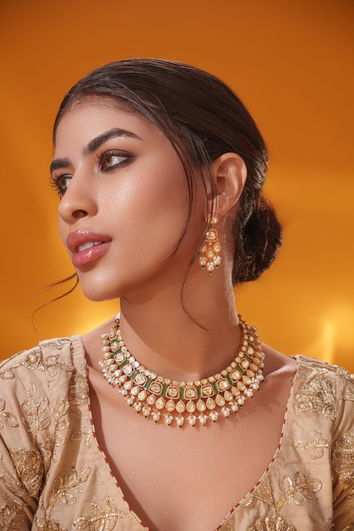 Aarshna Gold Finish Moissanite Necklace Set