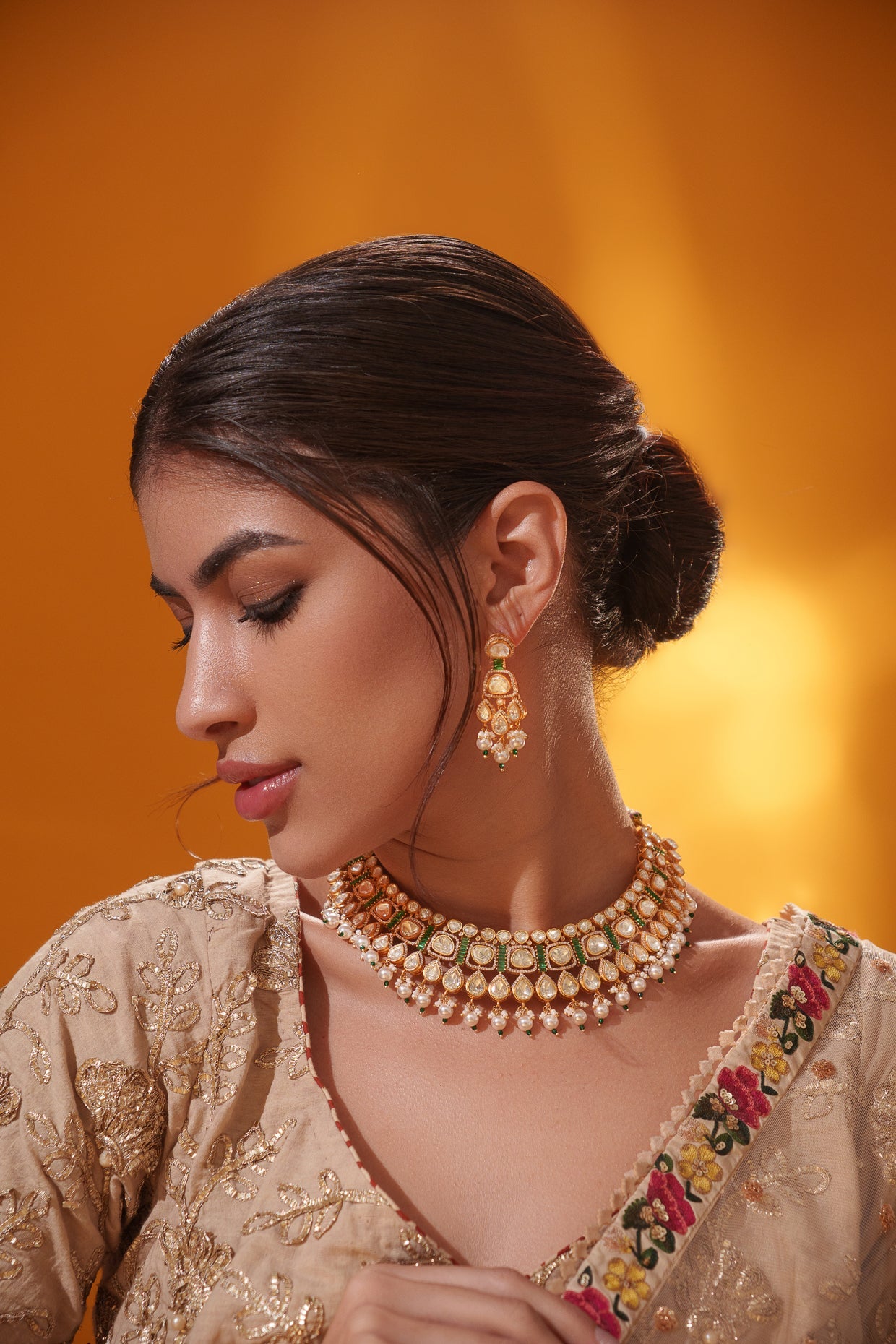 Aarshna Gold Finish Moissanite Necklace Set