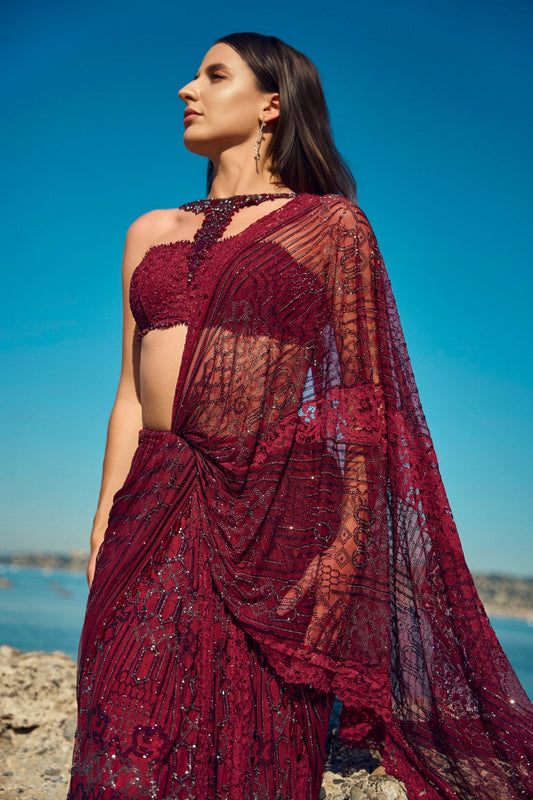 Burgundy Crystal Pre-Draped Saree