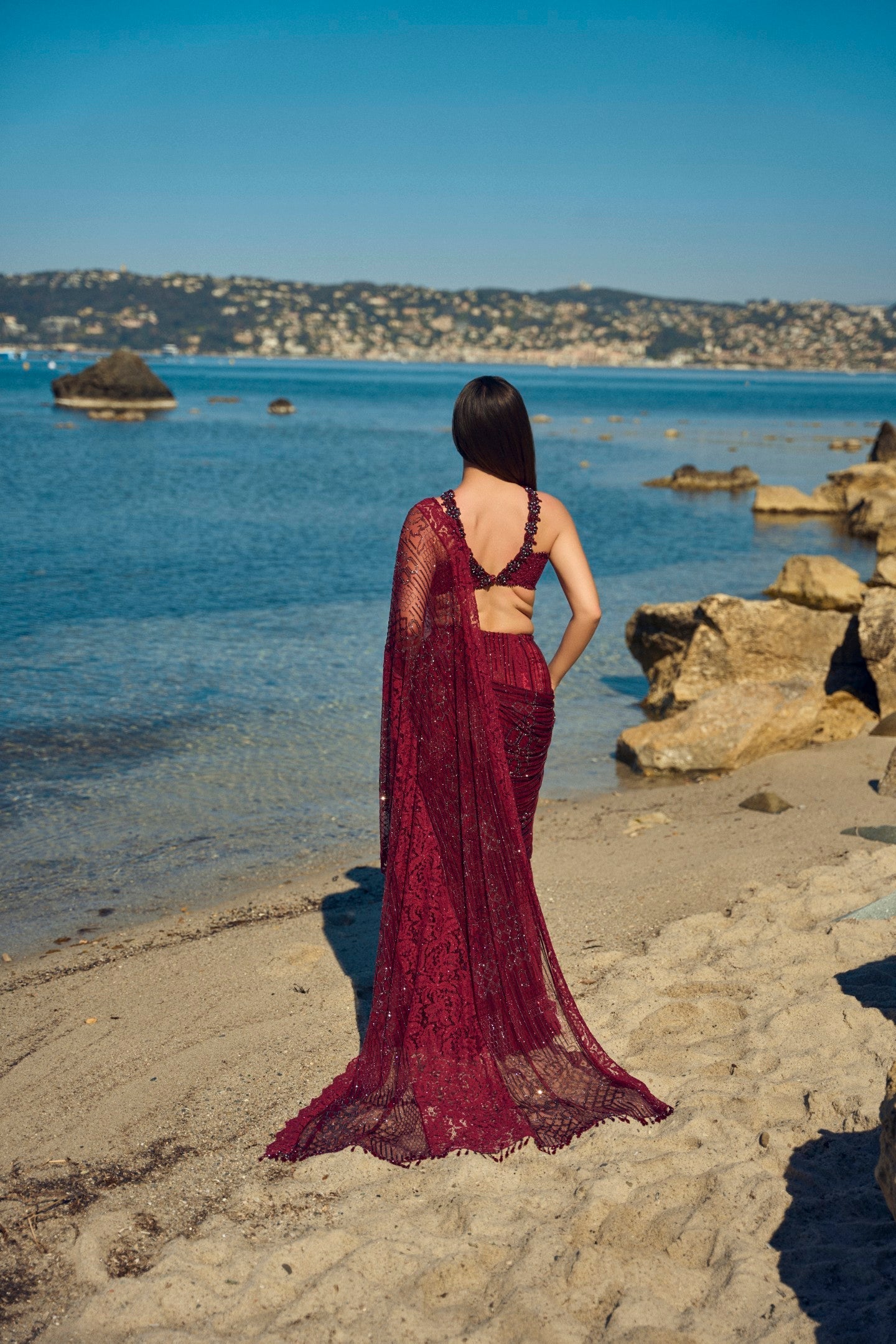Burgundy Crystal Pre-Draped Saree