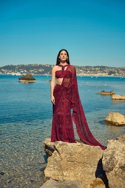 Burgundy Crystal Pre-Draped Saree