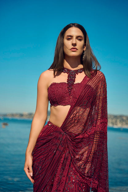 Burgundy Crystal Pre-Draped Saree