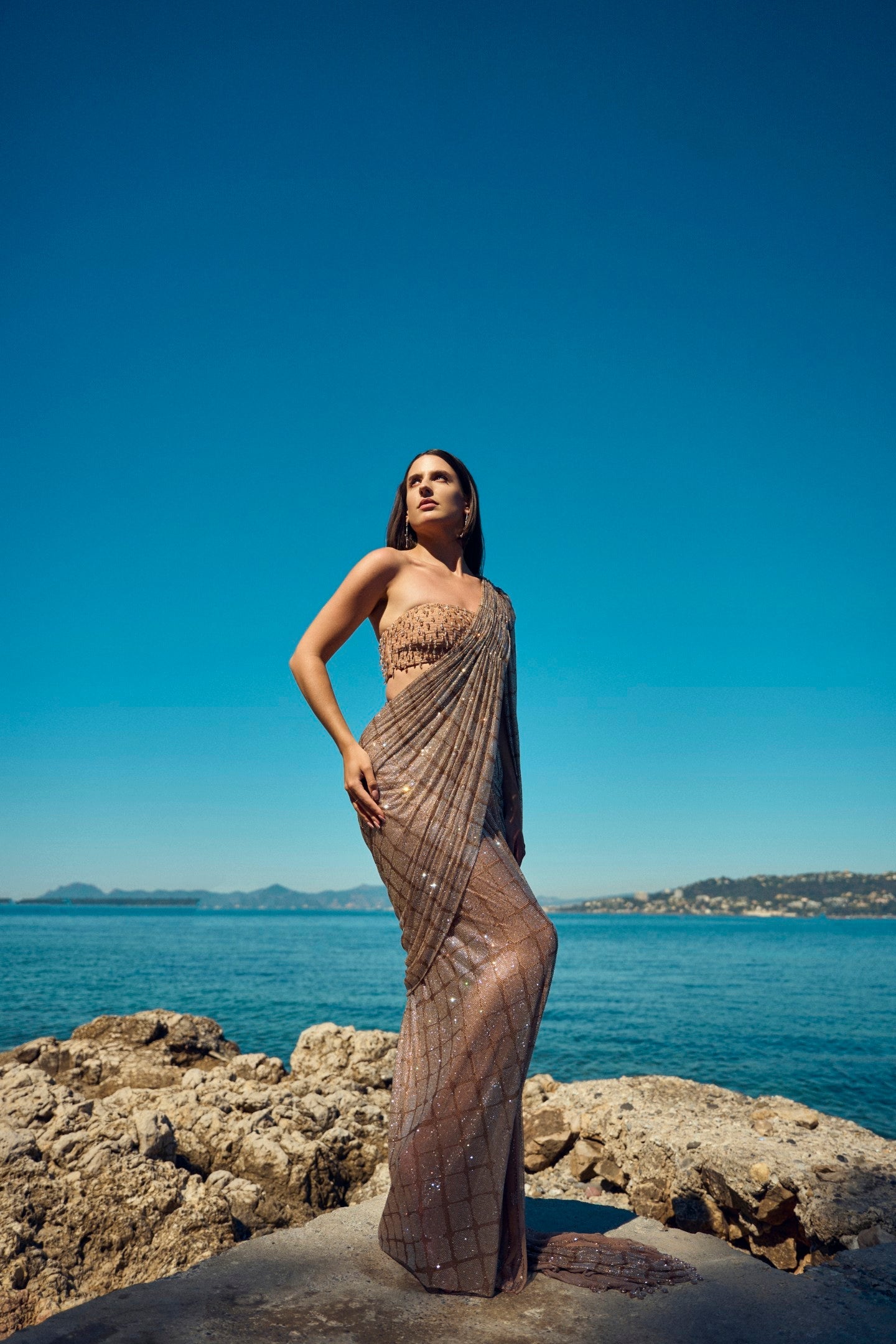 Champagne Crystal Pre-Draped Saree