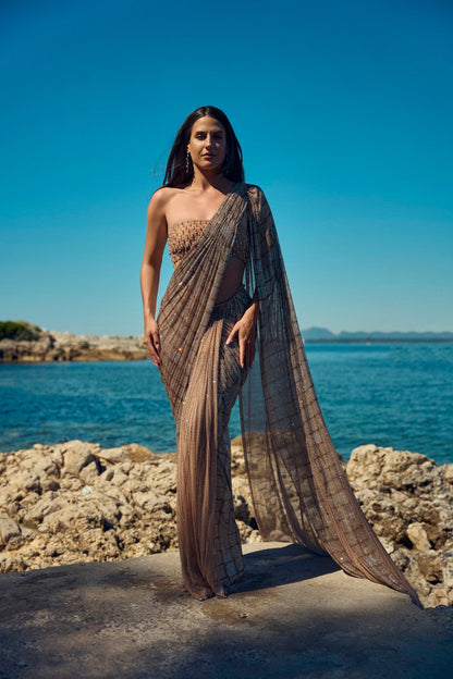 Champagne Crystal Pre-Draped Saree