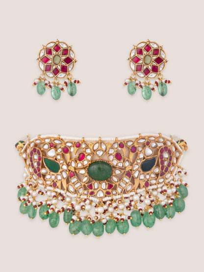 Sumeera Pink Green Pearls Kundan Choker