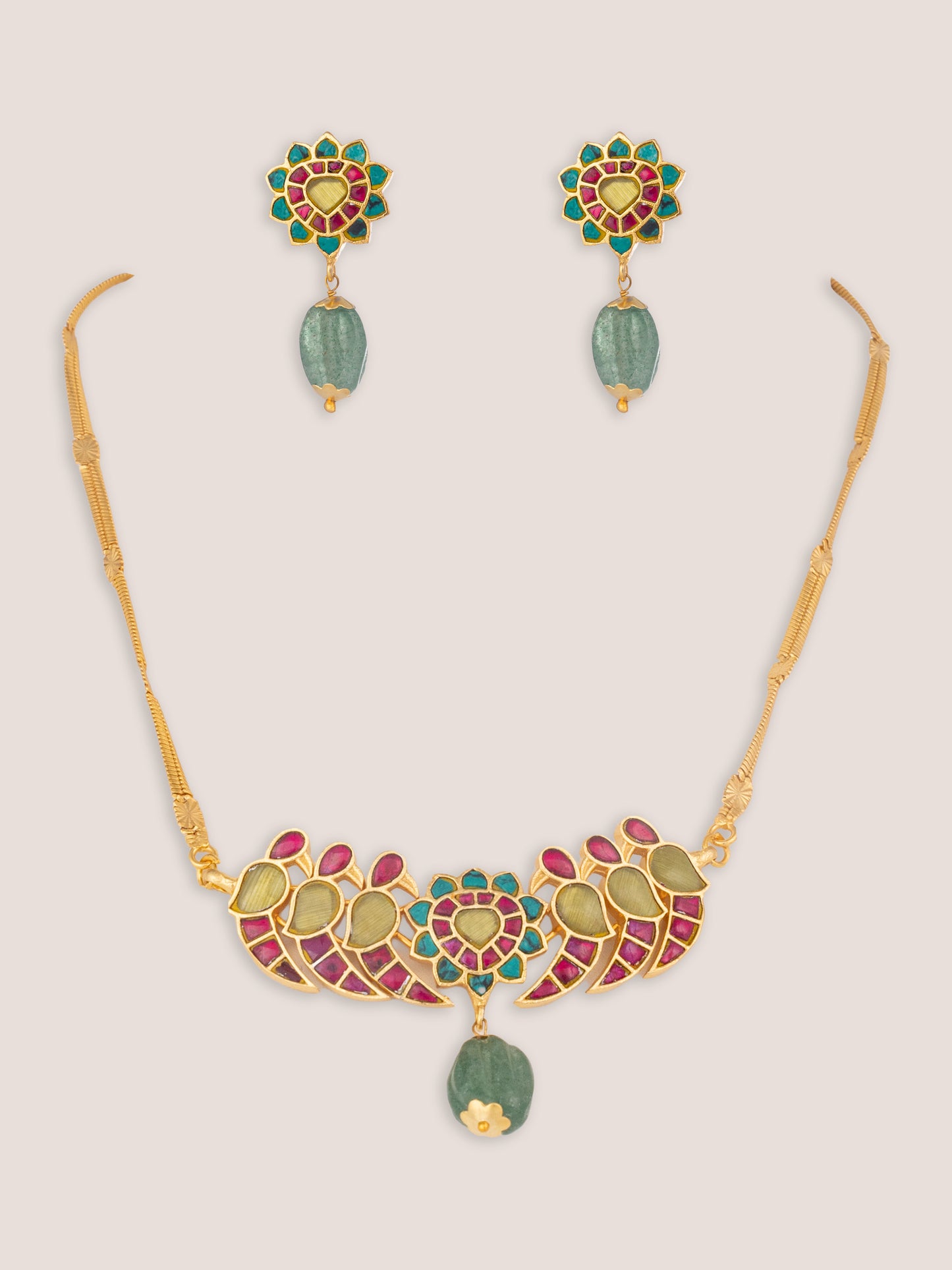 Iravya Pink-Green Peacock Kundan Necklace Set