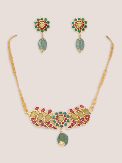 Iravya Pink-Green Peacock Kundan Necklace Set