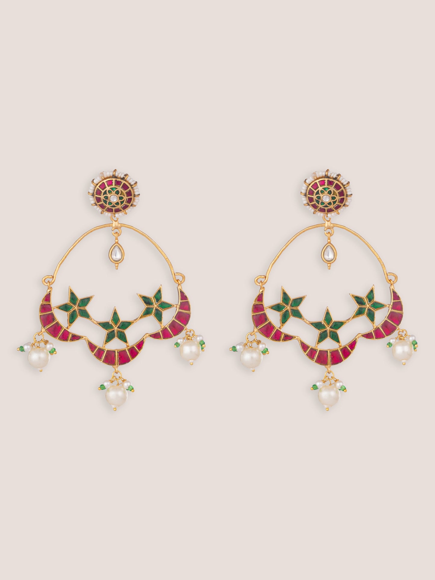 Sitara Pink Green Kundan Chandbalis