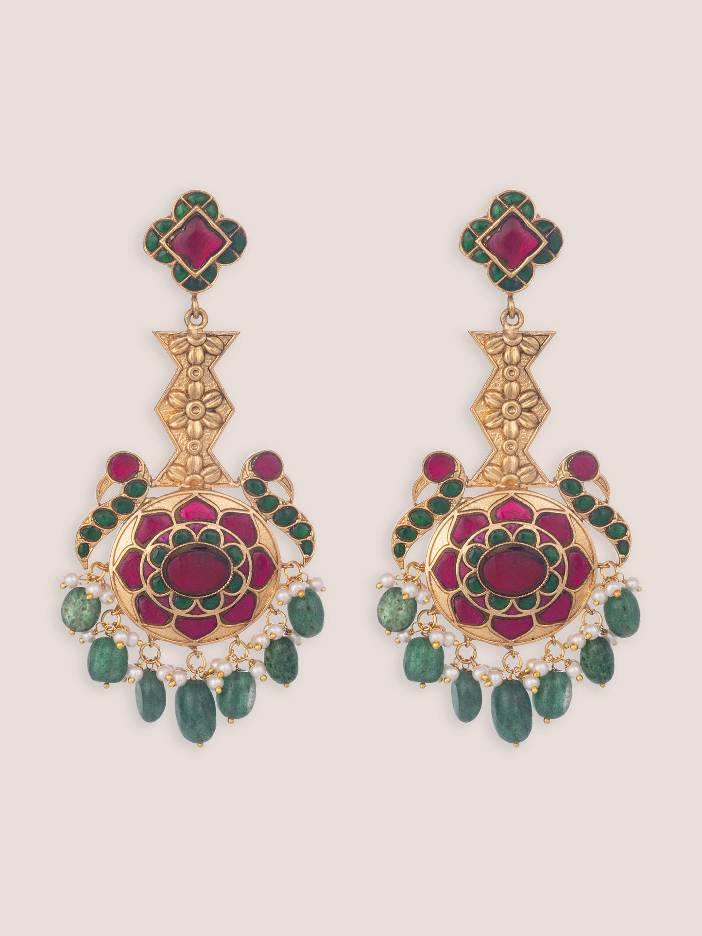 Aeris Pink Green Kundan Earrings