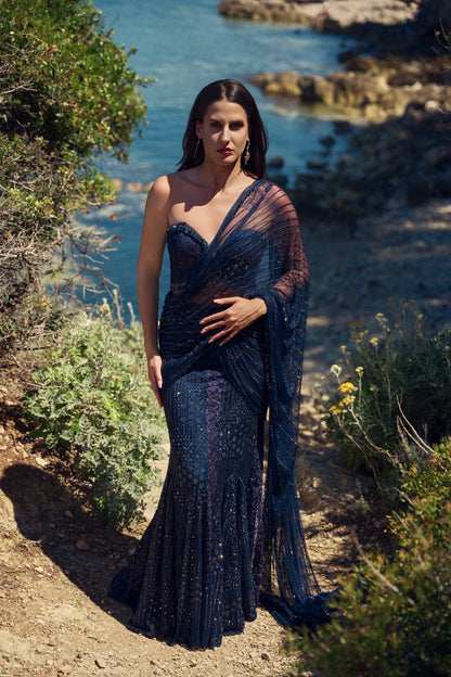 Midnight Crystal Pre-Draped Saree