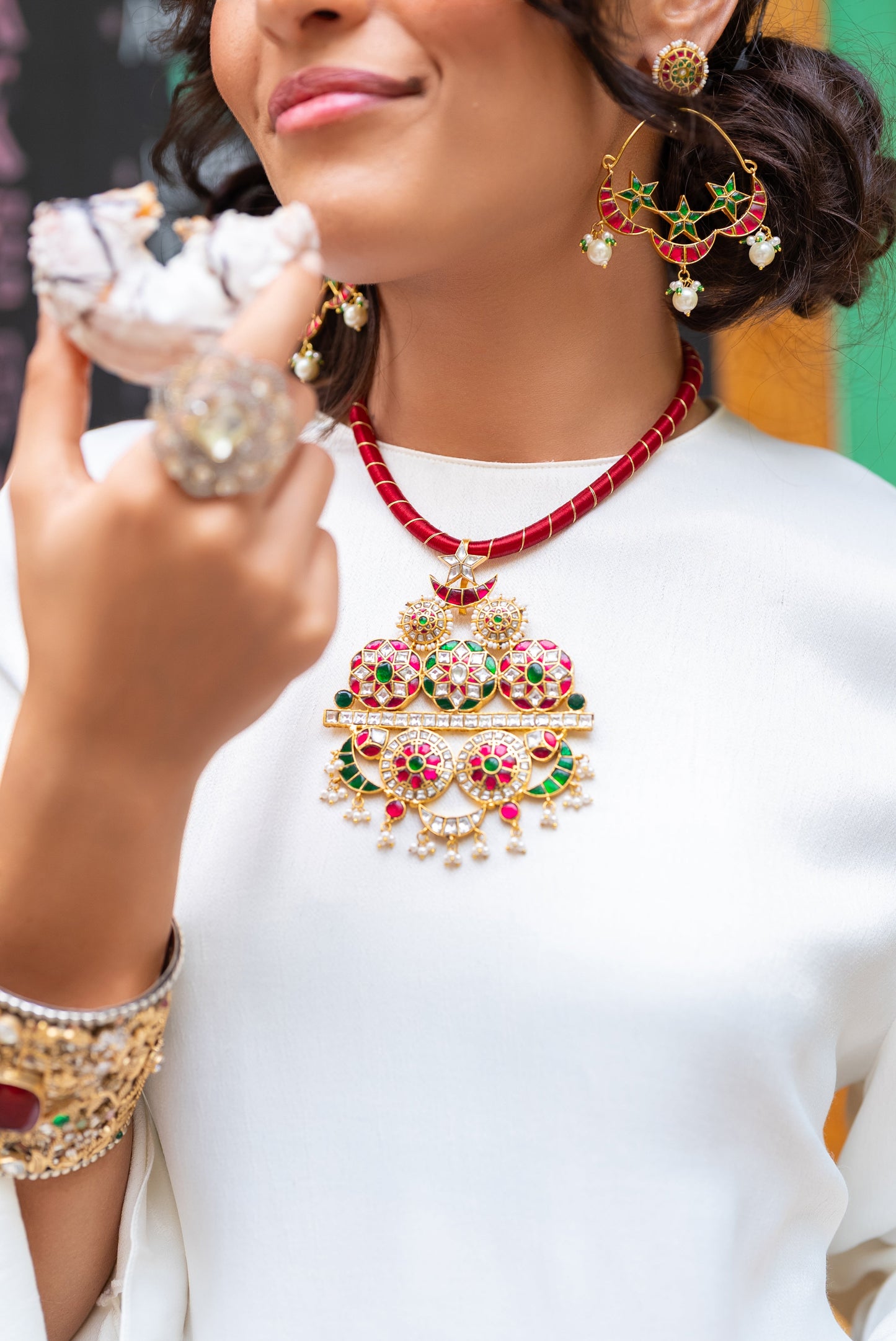 Avira Pink Green Kundan Necklace Set