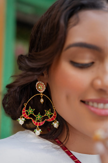 Sitara Pink Green Kundan Chandbalis