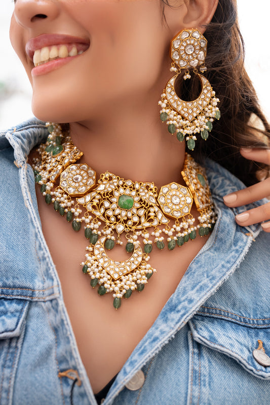 Navika Green Gold Plated Kundan Bridal Set