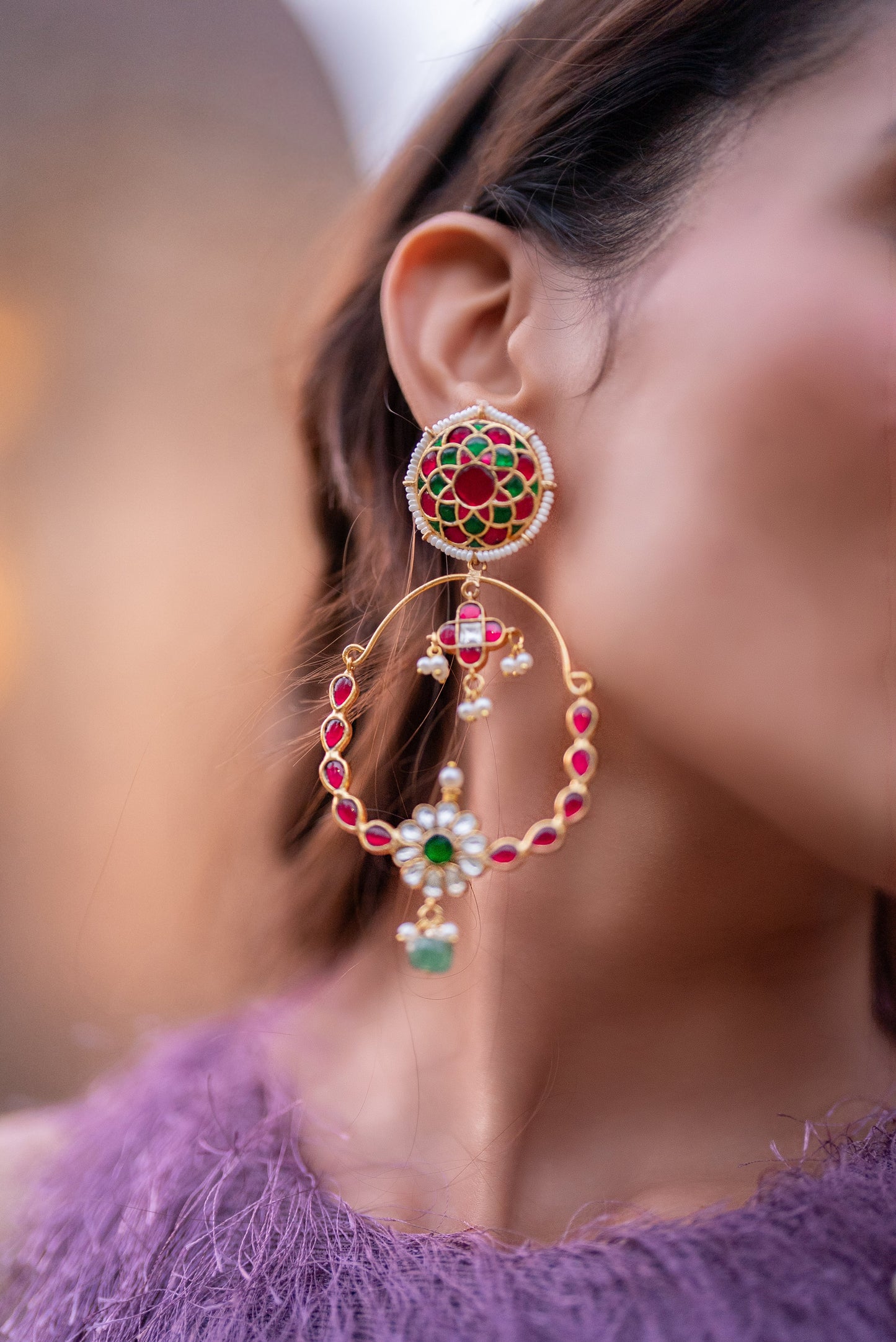 Lumira Pink Green Kundan Chandbalis