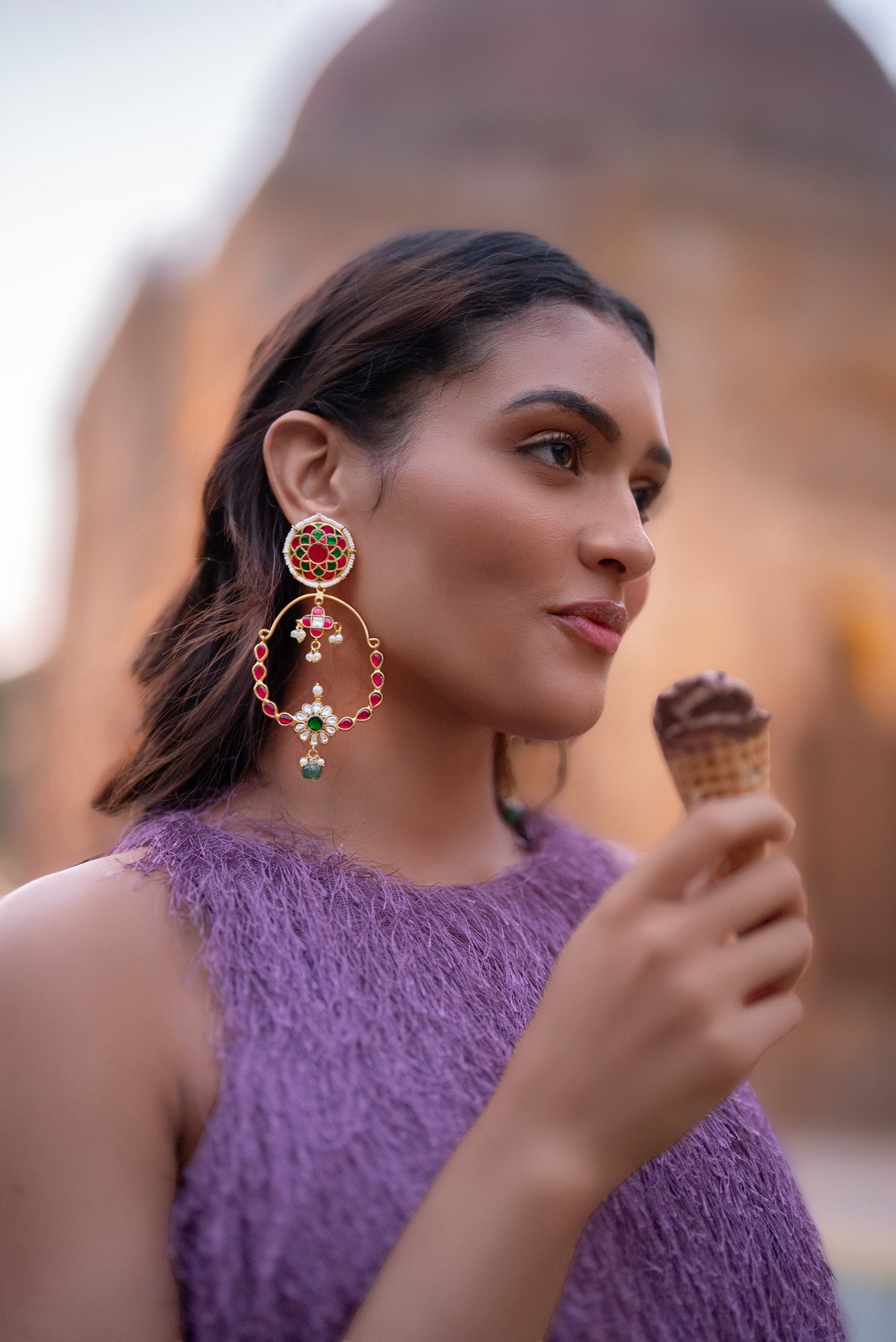 Lumira Pink Green Kundan Chandbalis