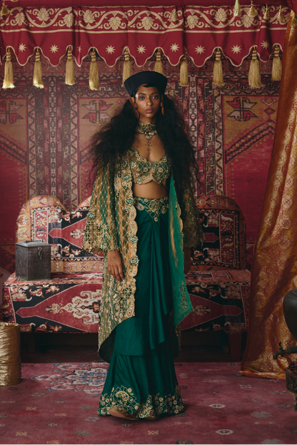 Emerald Green Draped Skirt,Long Jacket, and Bustier Set