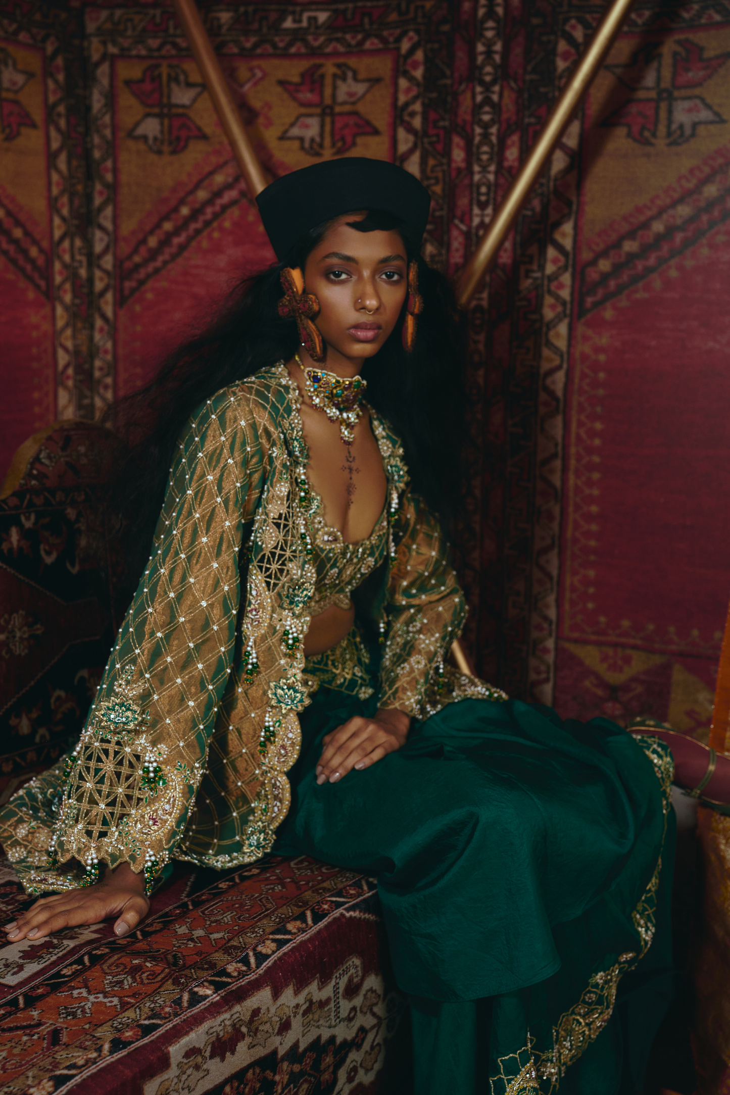 Emerald Green Draped Skirt,Long Jacket, and Bustier Set