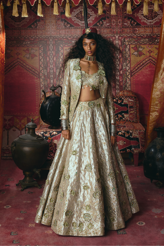 Pearl Gold 3D Flower Lehenga Set
