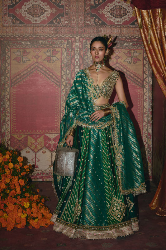 Green and Teal Silk Banarsi Lehenga Set