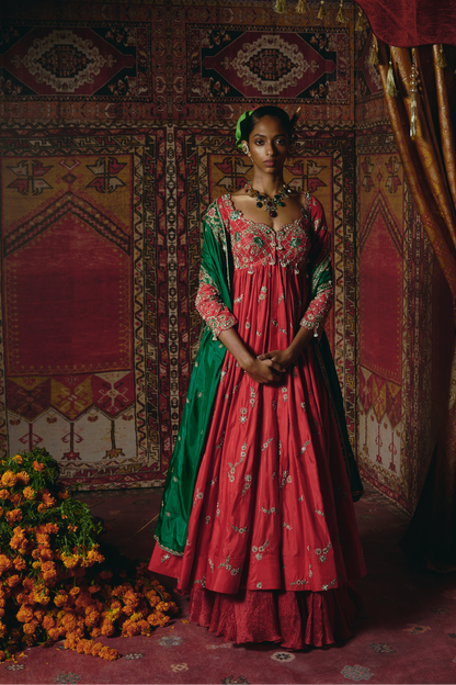 Red Open Jacket Anarkali Set