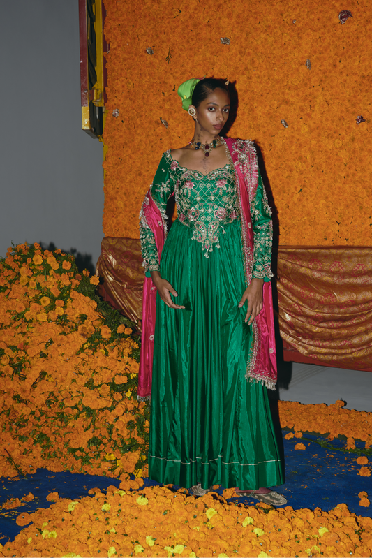 Green Soft Silk Anarkali Set
