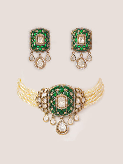 Kayra Green Two Tone Finish Polki Choker