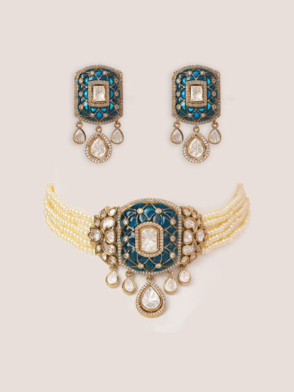 Kayra Blue Two Tone Finish Polki Choker