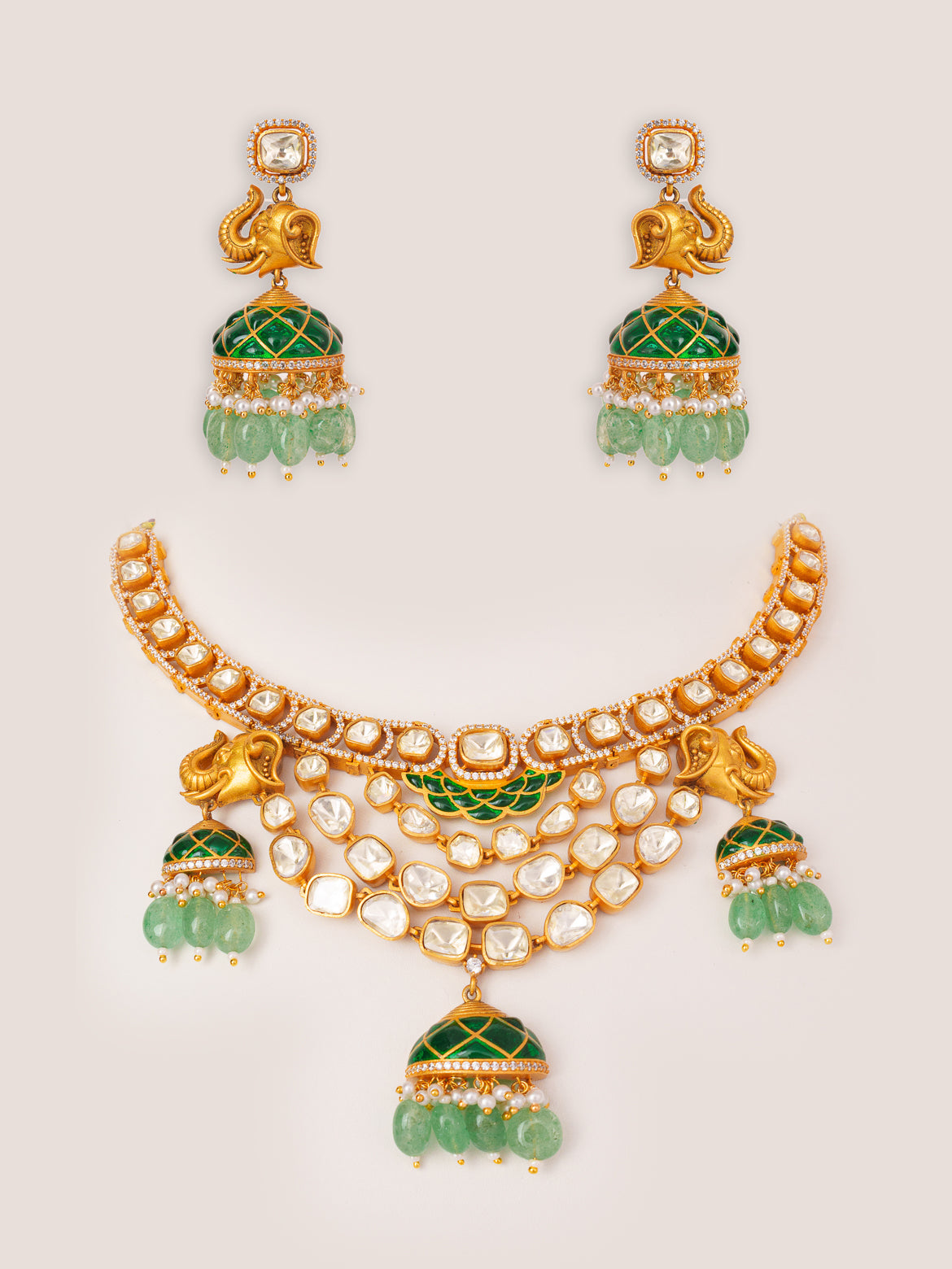 Ramisha Green Elephant Moissanite Necklace Set