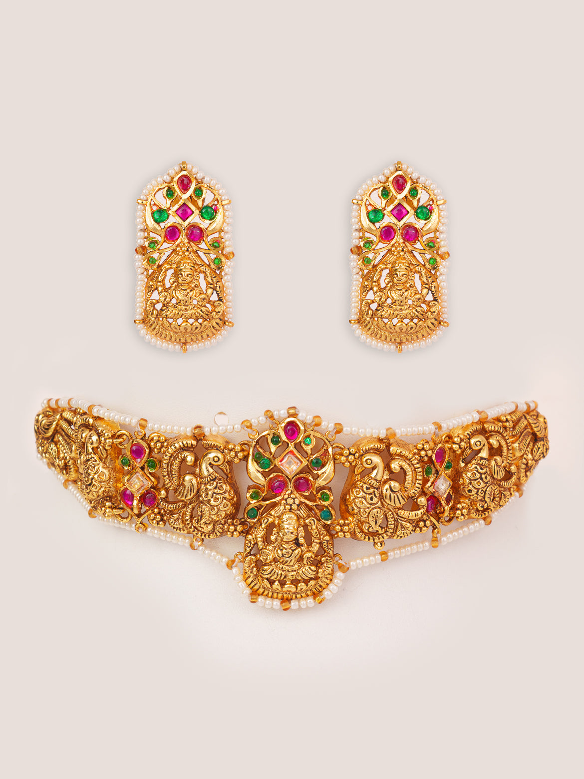 Avnita Gold Finish Temple Kundan Necklace Set