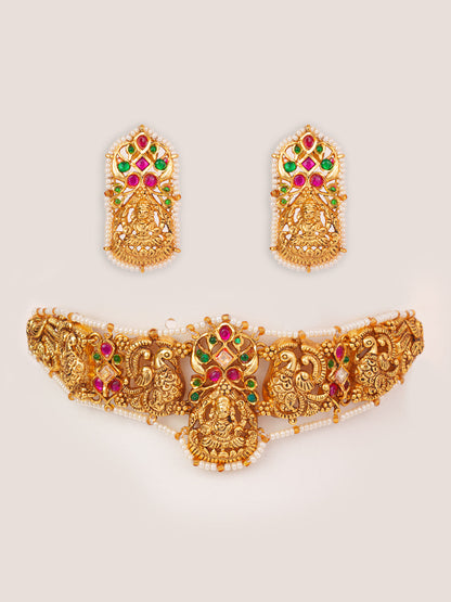 Avnita Gold Finish Temple Kundan Necklace Set