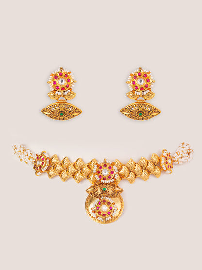 Avnika Gold Finish Temple Kundan Necklace Set