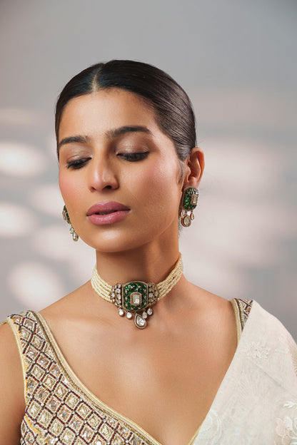 Kayra Green Two Tone Finish Polki Choker
