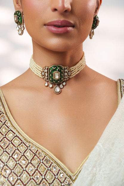 Kayra Green Two Tone Finish Polki Choker