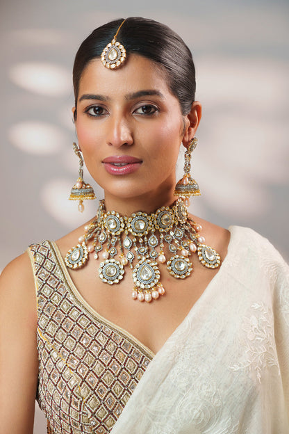 Savaani Rhodium Polish Polki Kundan Bridal Set
